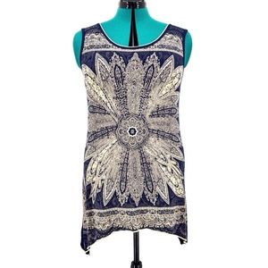 Vintage Vanilla Navy & Cream Sharkbite Hem Embellished Front Tunic Tank, Medium